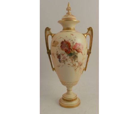 A Royal Worcester blush ivory covered vase, decorated with field flowers, poppies and insects, monogrammed E Raby, shape numb
