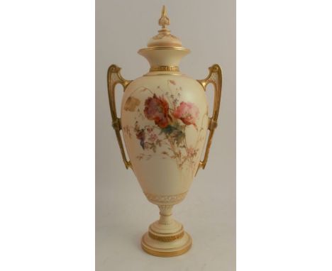 A Royal Worcester blush ivory covered vase, decorated with field flowers, poppies and insects, monogrammed E Raby, shape numb