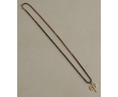 A 9 carat gold box link chain, with an axe pendant stamped '585', 17.1g gross