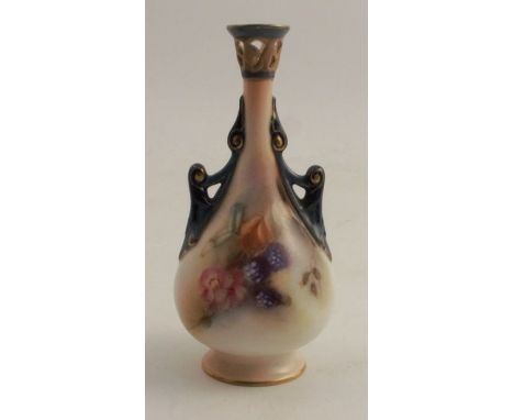 A Hadleys Worcester small vase, decorated with flowers and berries, with pierced neck, height 4.5ins -&nbsp;Good condition&nb