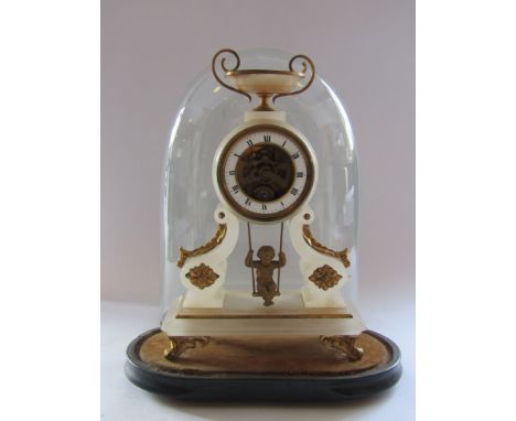 A 19th Century French alabaster mantel clock with Roman enamelled chapter ring, skeletonised single train movement, gilded ch