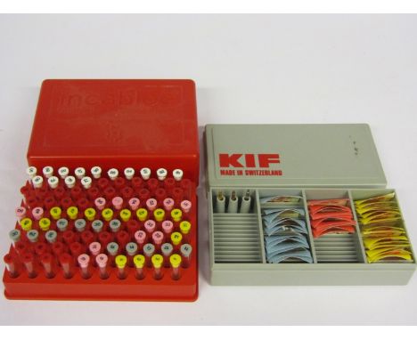Two cased KIF and Incabloc balance shockproof jewel/spring sets and part sets, the KIF box also with three spring releasing t
