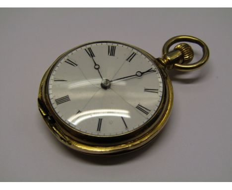 PATEK PHILIPPE: a late 19th/early 20th Century 18ct gold cased keyless wind fob watch, missing front hinged cover, Roman enam