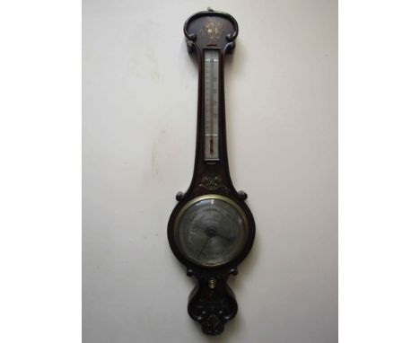 A mid 19th Century rosewood 8" wheel barometer with brass/mother of pearl inlay, long moulded thermometer box with aneroid tu