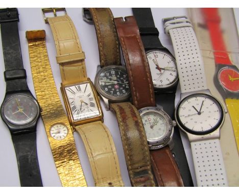 Eight assorted quartz and mechanical wristwatches including Tissot and Swatch, with an Excalibur half hunter pocket watch (9)