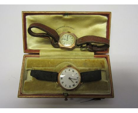 Two 9ct gold cased early 20th Century lady's manual wind wristwatches, one with leather bound box