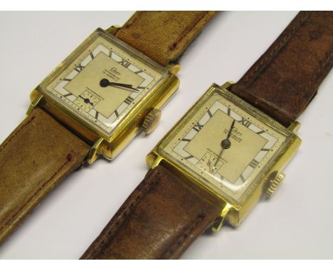 EMES: a near matching pair of gent's manual wind wristwatches, square steel and gold plated cases, dials signed Emes, Monoblo