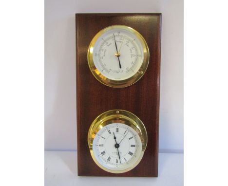 A Comitti of London weather station comprising timepiece and barometer, mounted on mahogany board, 15cm x 30cm