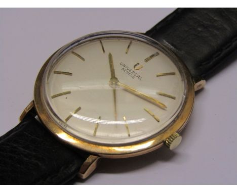 UNIVERSAL GENEVE: a 9ct gold cased gent's manual wind wristwatch, silvered dial with gilt baton markers and centre seconds, f