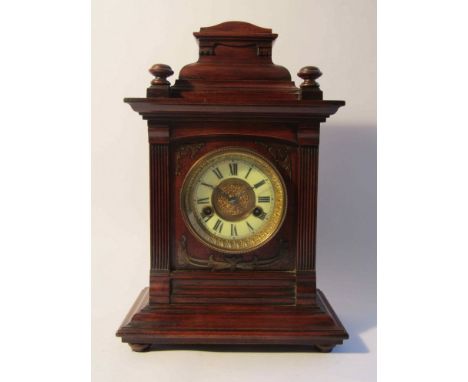 A late 19th Century mahogany mantel clock of architectural form, enamelled Roman chapter ring, 8 day HAC (Hamburg American Cl