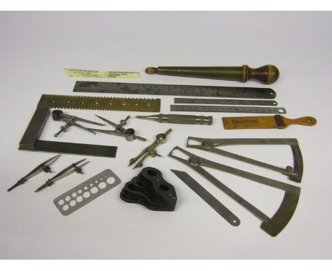 An assortment of horologist's/jeweller's marking and measuring tools including ring and stone sizers, scriber, calipers, barr
