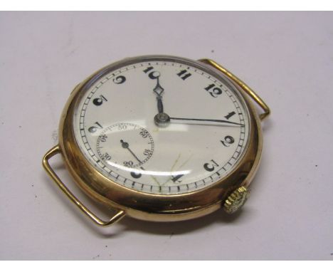 A 1920's 9ct gold cased manual wind wristwatch with Arabic enamelled dial (hairlined) with subsidiary seconds, case diameter 