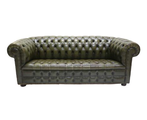 A Chesterfield Sofa, recovered in green buttoned and close-nailed leather, on later turned mahogany compressed feet207cm by 8