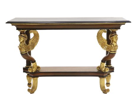 A Reproduction Egyptian-Revival Walnut, Ebonised and Parcel-Gilt Console Table, the black marble top above a moulded frieze, 