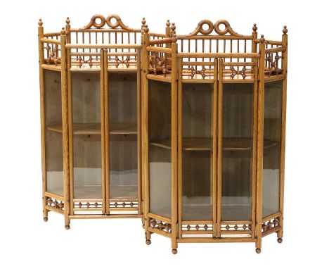 A Pair of 20th Century Chinese-Style Ash Hanging Corner Cupboards, of hexagonal-shaped form with spindle gallery and turned f