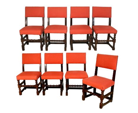 A Harlequin Set of Eight Oak Upholstered Back Stools, part 18th century, recovered in pink fabric with overstuffed seats, on 