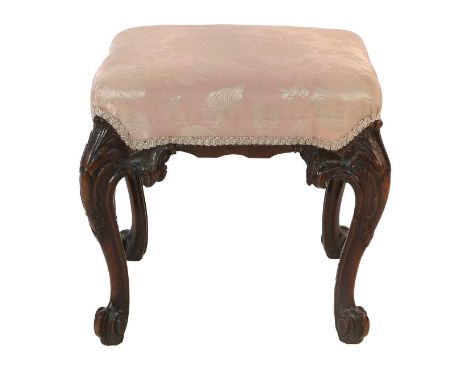 A George III Carved Mahogany Chippendale-Style Dressing Stool, late 18th century, recovered in floral pink silk damask, with 