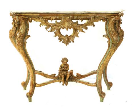 A Late 18th Century Genoese Carved Giltwood Console Table, the later pink and green serpentine-shaped marble top with printed