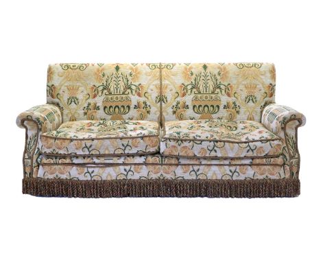 A Victorian Two-Seater Sofa, part 19th century, recovered covered in light grey, yellow and green patterned fabric, with two 