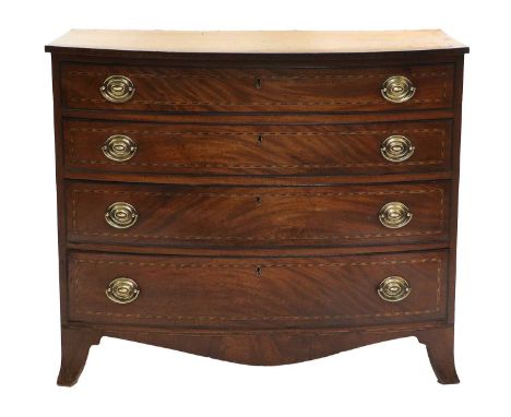 A George III Mahogany and Parquetry-Banded Bowfront Chest of Drawers, circa 1800, the crossbanded top above four graduated dr