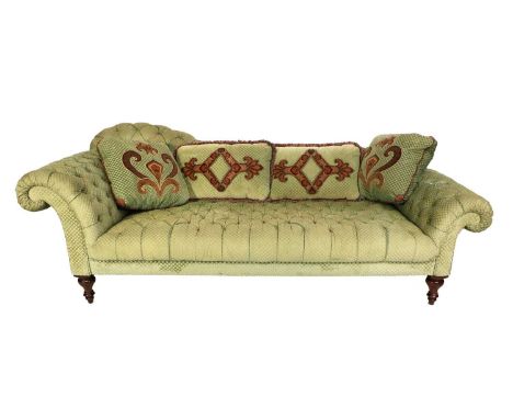 George Smith Ltd: A Victorian-Style Scroll-End Sofa or Day Bed, modern, covered in plush green and gold geometric buttoned fa