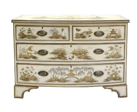 A Late 19th/Early 20th Century Cream and Parcel-Gilt Chinoiserie-Decorated Bowfront Chest of Drawers, the top decorated with 
