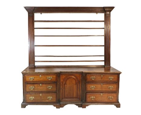 A George II Oak, Mahogany and Parquetry-Decorated Enclosed Dresser Base and Rack, circa 1750, of inverted breakfront form, th