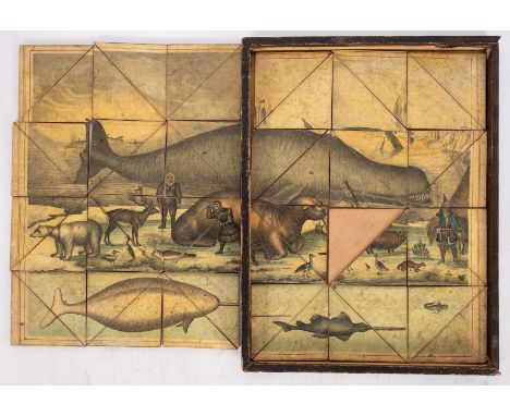 BLOCK PUZZLE :" Polar/Whaling " a puzzle of 48 hand coloured glazed lithograph triangular pieces in plain wooden box with sli