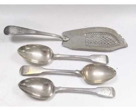 A silver fish slice and three silver tablespoons, 372g (12ozt) gross, together with a assortment of silver plated cutlery and
