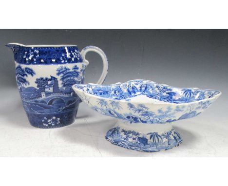 An early 19th century Staffordshire blue and white comport, printed with a classical river scene; a Copeland Spode blue and w