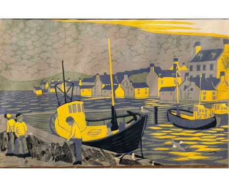 A Large Group Of Pictures To include an unsigned oil painting of Fenlands, 33cm x 45cm; an unsigned linocut of a Harbour scen