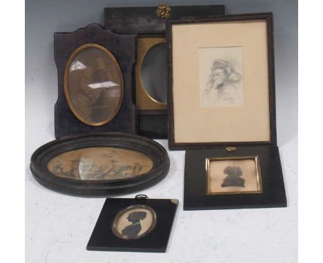 Group of pictures: 19th century framed silhouette of a young girl in an ebonised pearwood frame; 19th century framed silhouet