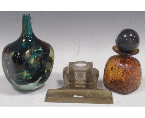 A Mdina vase of square shape with a slender neck, 18.5cm high, a glass flask and ball stopper, a 1920's brass inkstand with g