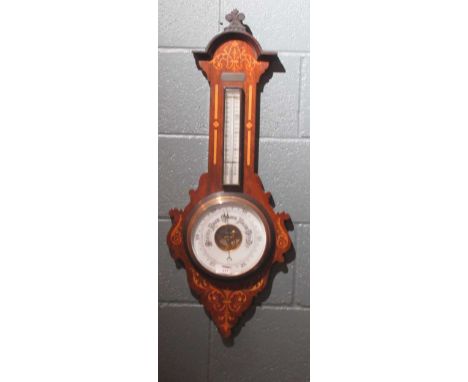 An Edwardian banjo barometer with marquetry decoration, 88cm high