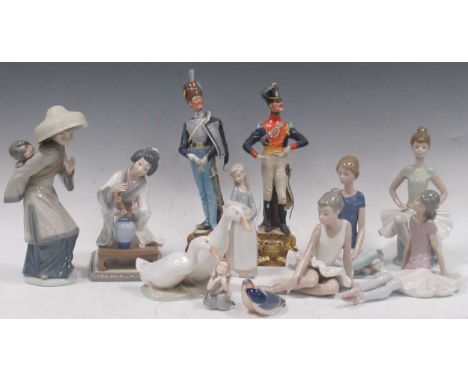 A group of four girl dancers, two oriental figures, ducks etc., made by Lladro, Royal Copenhagen and Nao, 20th century; a pai
