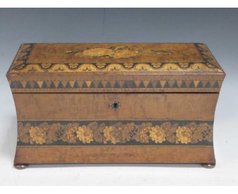 A Tunbridgeware inlaid tea caddy, inlaid with mosaic flower, scrolling border with waisted body on squat bun feet, 16 x 31 x 