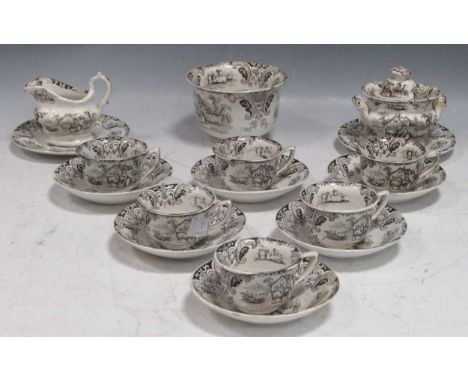 A Victorian child's part teaset, girl feeding goat pattern, with 6 cups and saucers, 2 plates, tureen, slop bowl and small ju