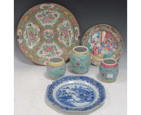 A 19th century Canton Famille Verte plate painted with flowers and exotic birds, 29.5cm diameter; together with smaller famil