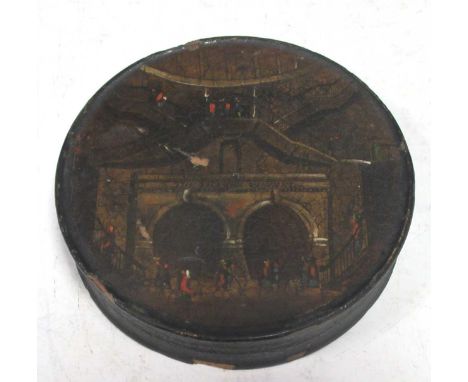 A 19th century circular painted snuff box decorated with a view of 'The Thames Tunnel' entrance, 8cm diameter