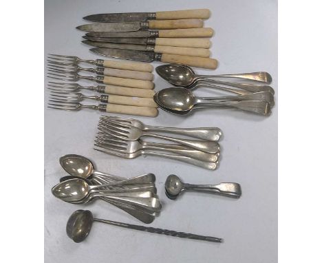 A collection of silver flatware, 748g (24ozt), together with 6 pairs of silver fish eaters with bone handles and silver tines