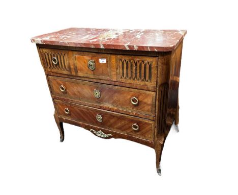 A French early 19th century kingwood commode with a marble top, three long drawers, 78 x 80 x 40cm approx