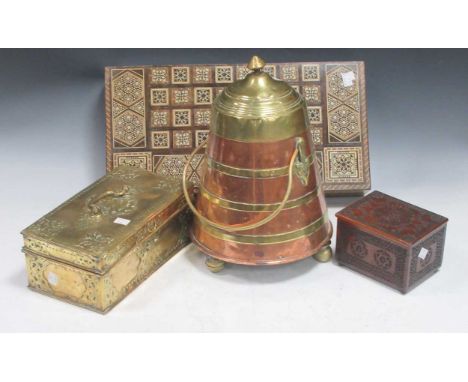 Group of decorative mainly Middle Eastern items, 19th century and later, to include a small brass trunk with stylised blind t