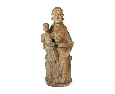 A Continental painted and carved wood Madonna and Child figural sculpture, the child in His mother's arms, both holding pomeg