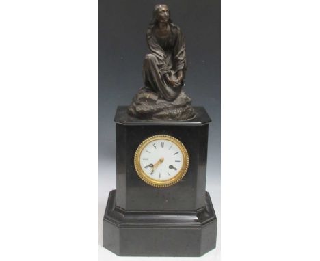 A Victorian black slate mantel clock surmounted by a bronze figure of Marie Magdalena by Theodore Gechter, 54 x 26 x 19cm