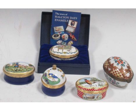 Three Halcyon Days enamel pill boxes, another Crummles example and a Limoges egg