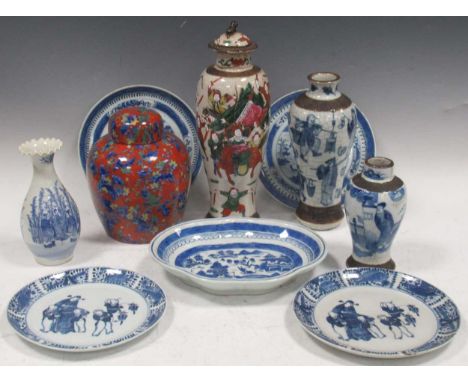 A small collection of Chinese export blue and white plates, together with various other Chinese and Japanese vasespolychrome 