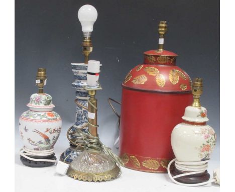 Five table lamps to include; a brass column lamp with cut glass base 33cm; a blue and white ceramic lamp with crackled glaze,