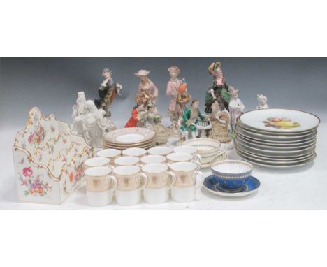 Nine various porcelain and other figures (some with damage), a Dresden letter rack (glued), various cups and saucers etc 
