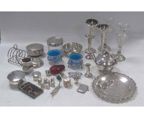A collection of silverware including cream jug, toast rack, thimbles, vesta case, flatware, wine label etc 274g (8.5ozt) weig