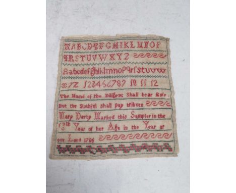 A George III sampler - dated 1785, stitched with the alphabet, numbers and 'Mary Derby, 1785', 22 x 20cm